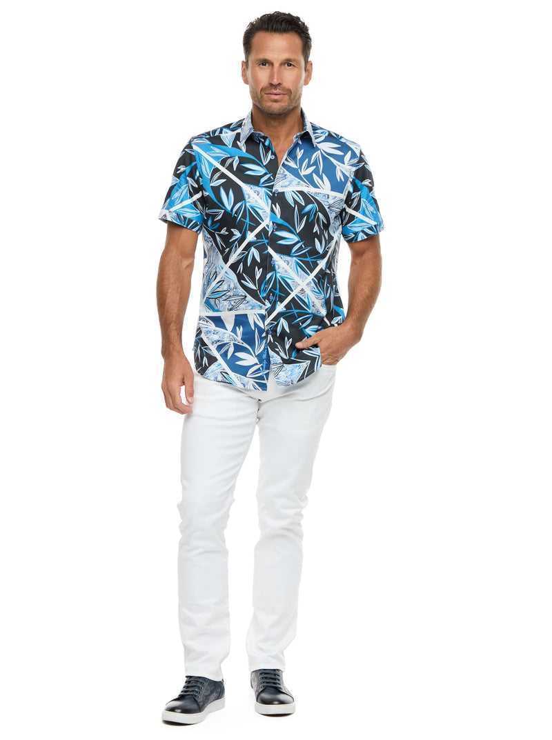 Robert Graham Blue Palm Short Sleeve Button Down Shirt Niebieskie | OVTNUR657